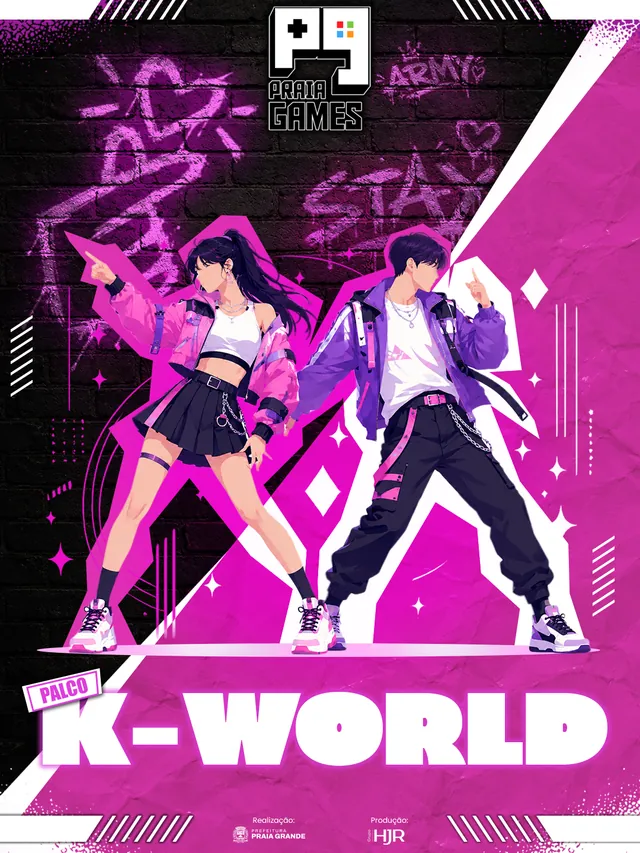 Arte do palco K-World Experience — Praia Games 2026